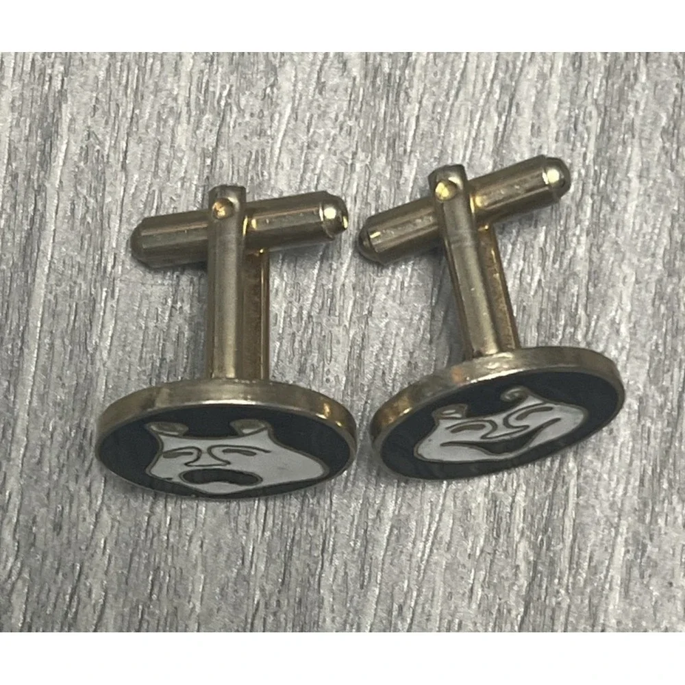 Vintage Theater Comedy Tragedy Masks Cufflinks Gold Enamel Performing Arts